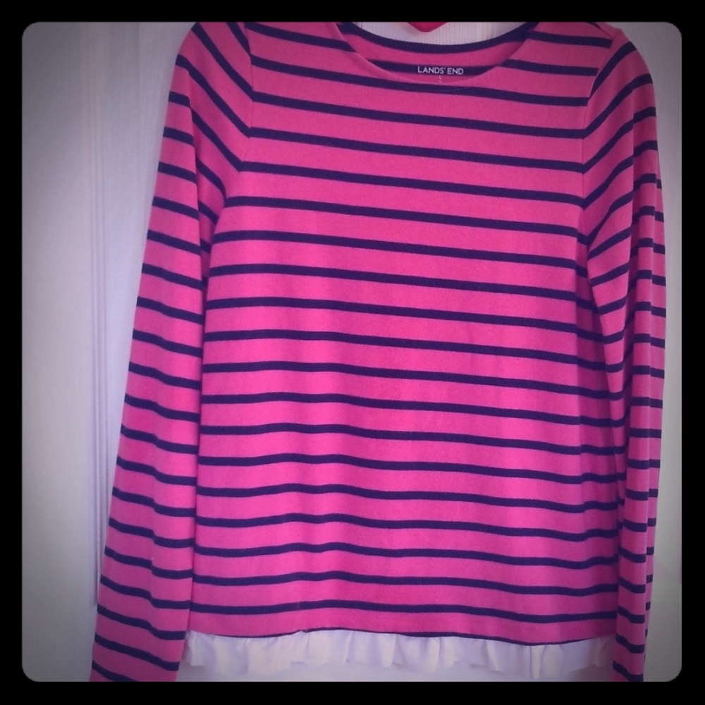 Lands End pink/ navy striped long sleeve w/ ruffle